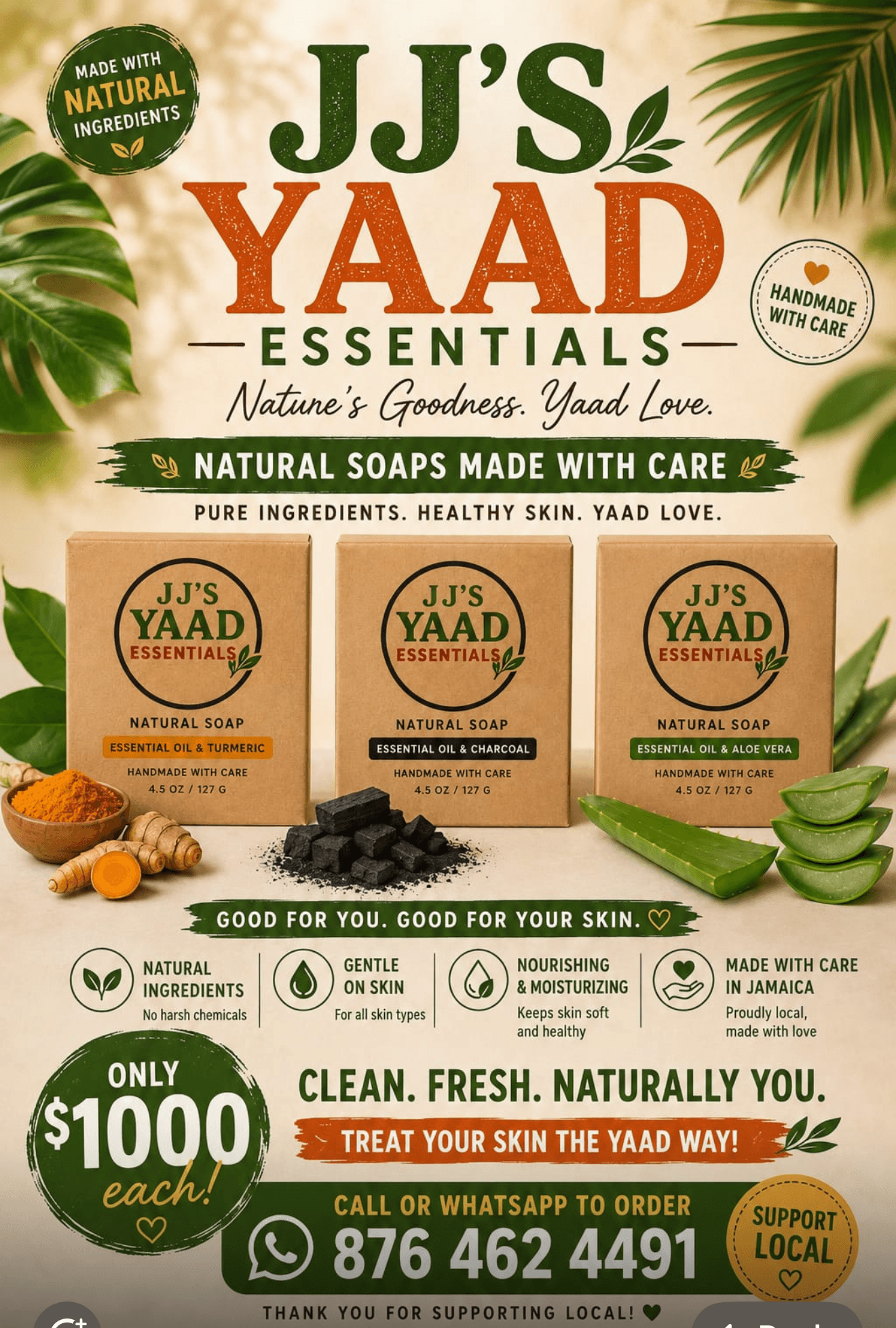 JJ's Yaad Essentials natural soaps — Turmeric, Charcoal, and Aloe Vera, handmade in Jamaica